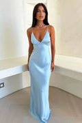 Women's Light Blue Satin Maxi Dress — Audrey V-Neck Slip