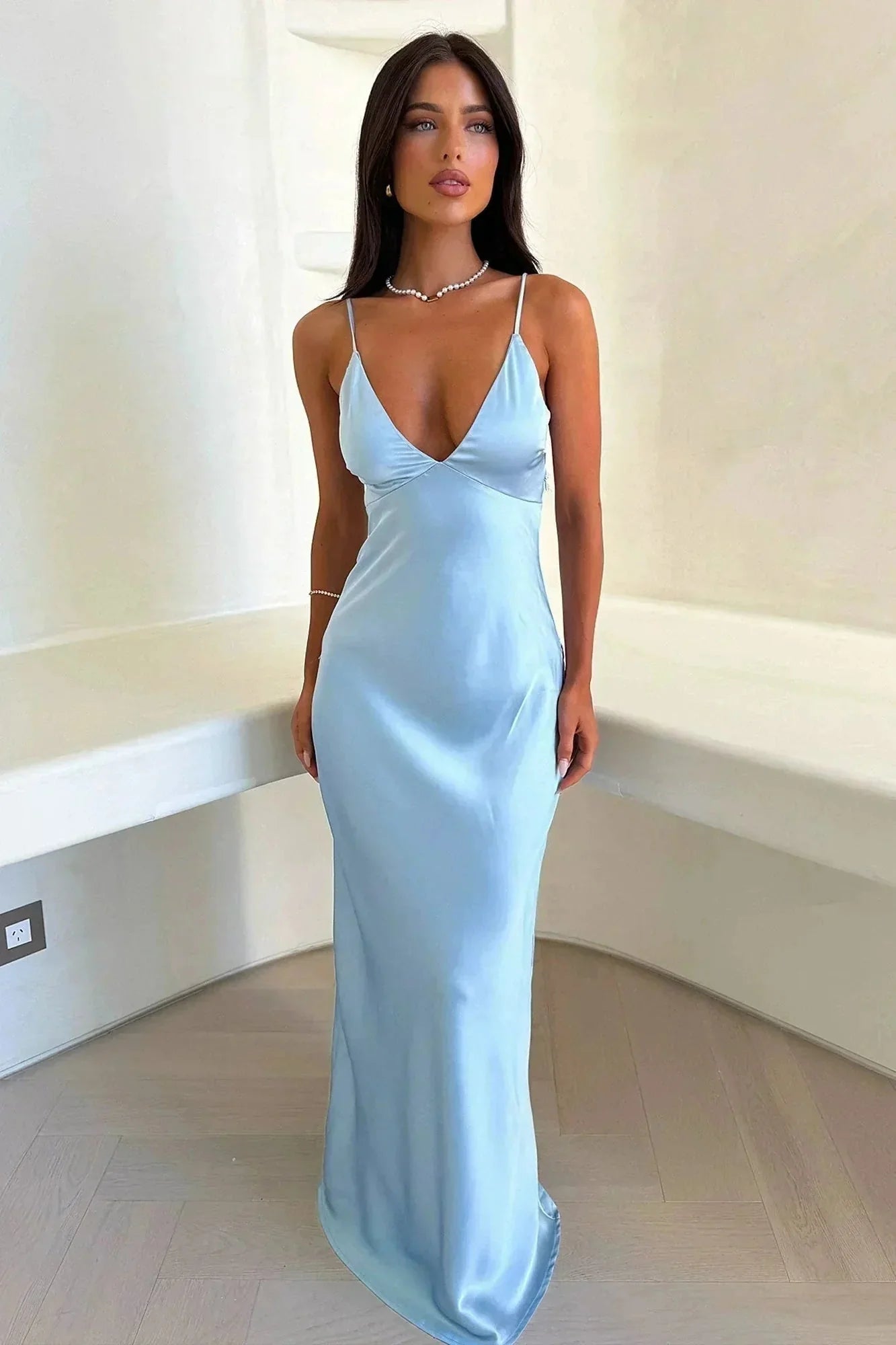 Light Blue Women's Light Blue Satin Maxi Dress — Audrey V-Neck Slip - Front Full