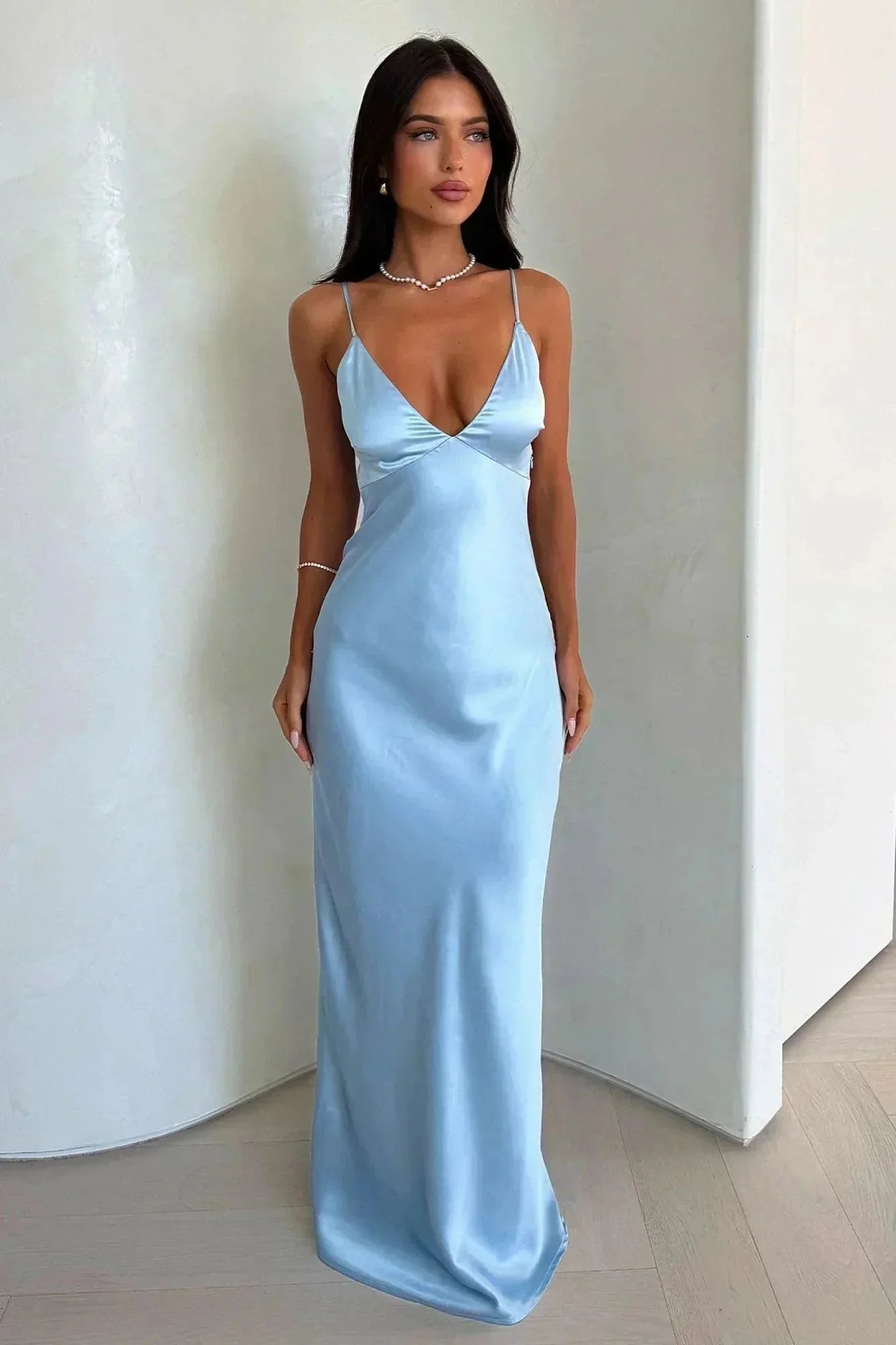 Light Blue Women's Light Blue Satin Maxi Dress — Audrey V-Neck Slip - Front Standing