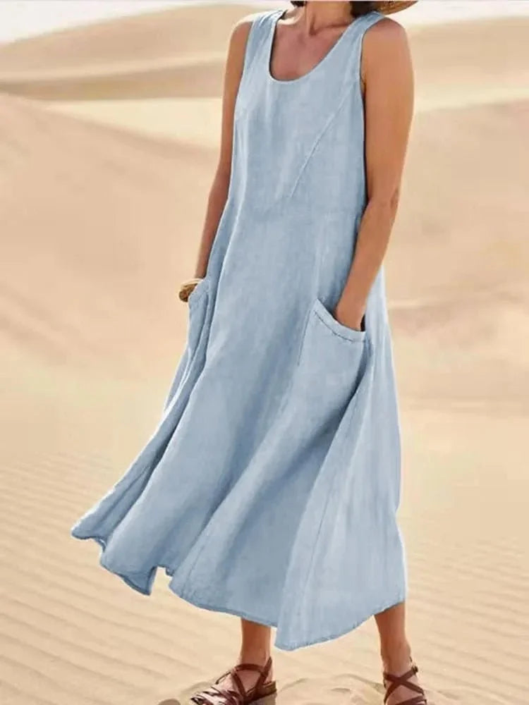 Light Blue Women's Scoop Neck Maxi Beach Dress With Pockets — Siobhan Flowy Sleeveless Bohemian - Casual Front
