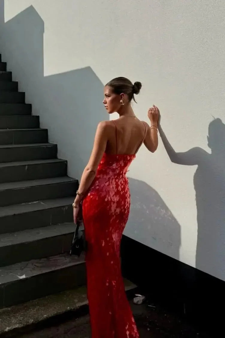 Red Women's Red Sequin Backless V-Neck Mermaid Dress — Hailey Evening Formal - Back Detail