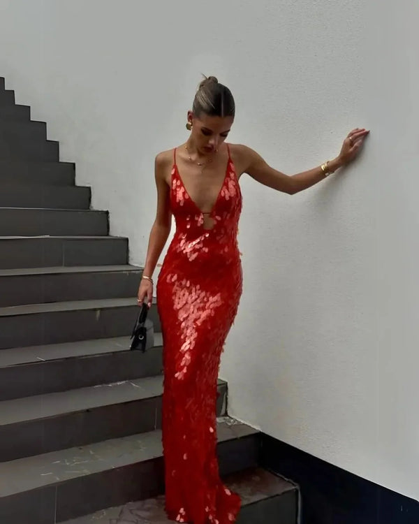 Red Women's Red Sequin Backless V-Neck Mermaid Dress — Hailey Evening Formal - Front Full