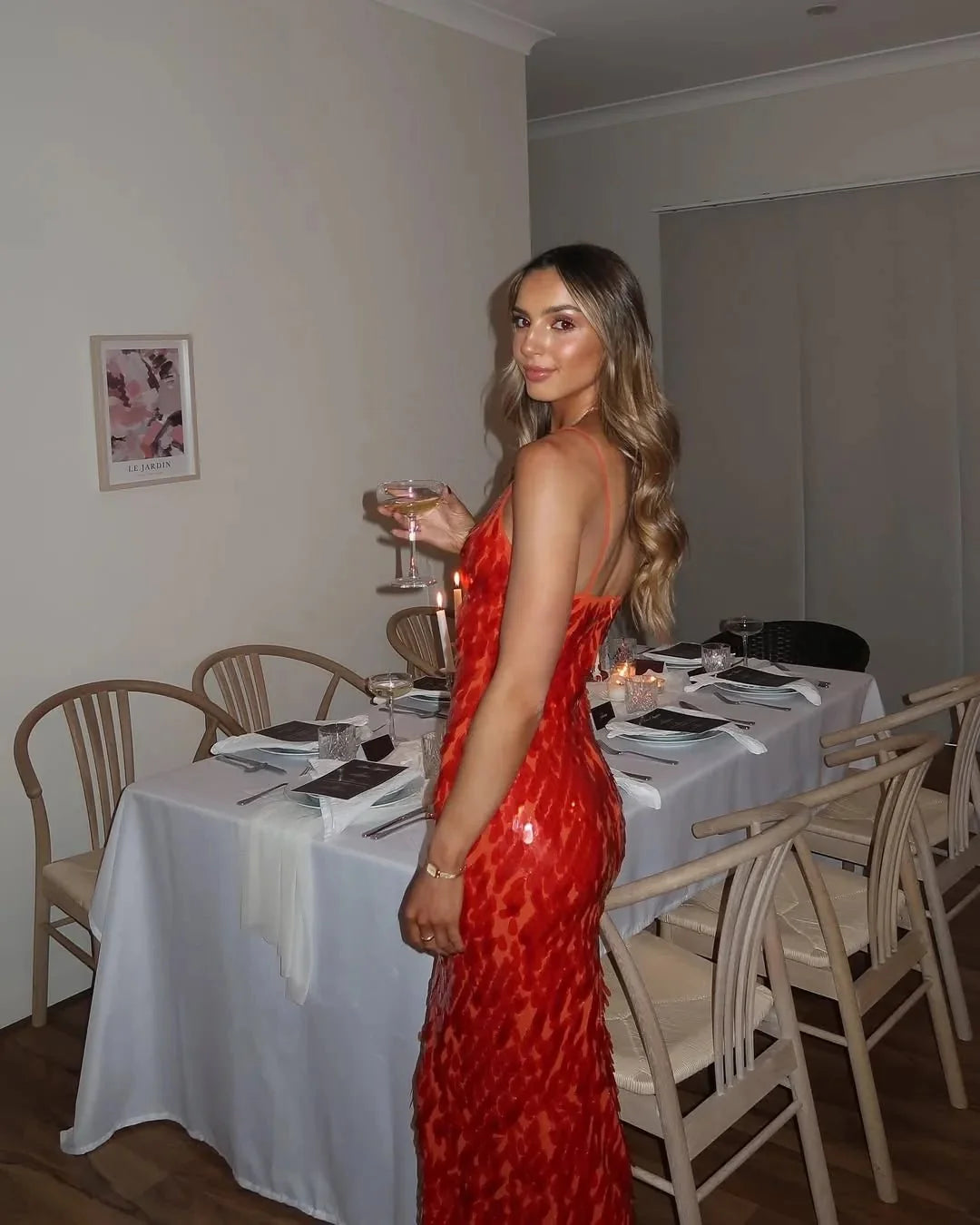 Red Women's Red Sequin Backless V-Neck Mermaid Dress — Hailey Evening Formal - Side Pose