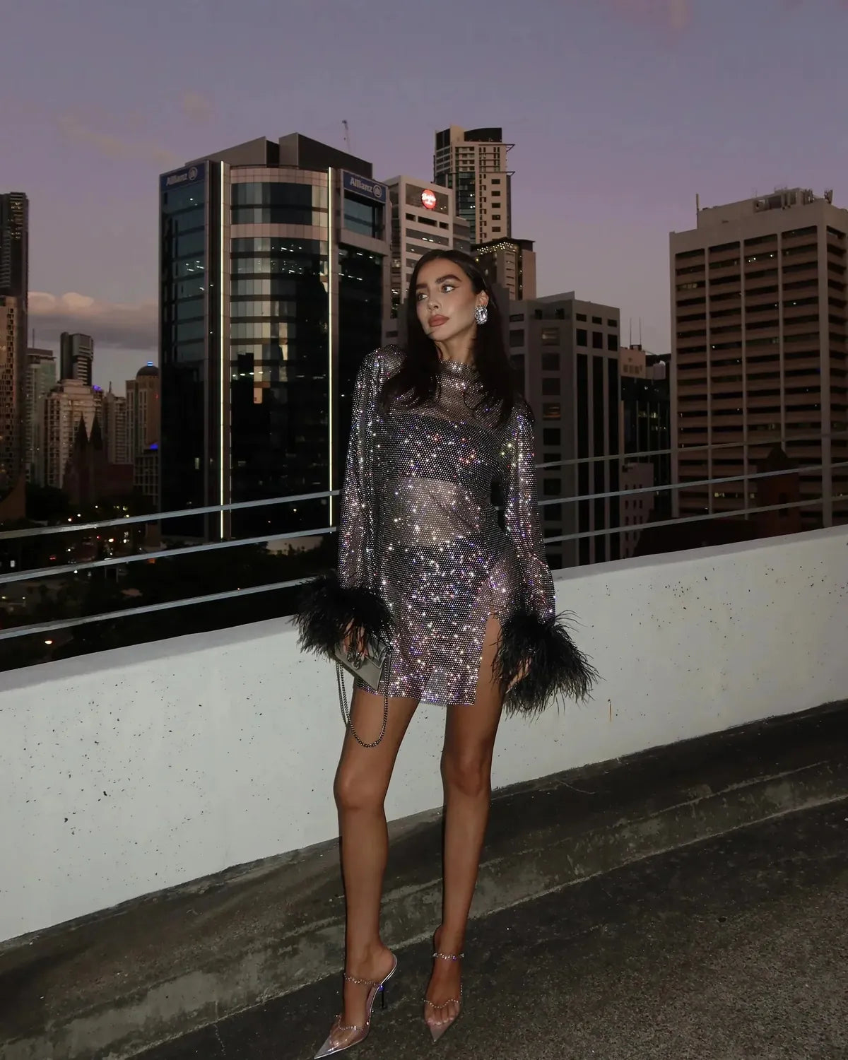 Black Women's Sequin Mini Party Dress — Maelle Feather Trim Bodycon - Outdoor Pose