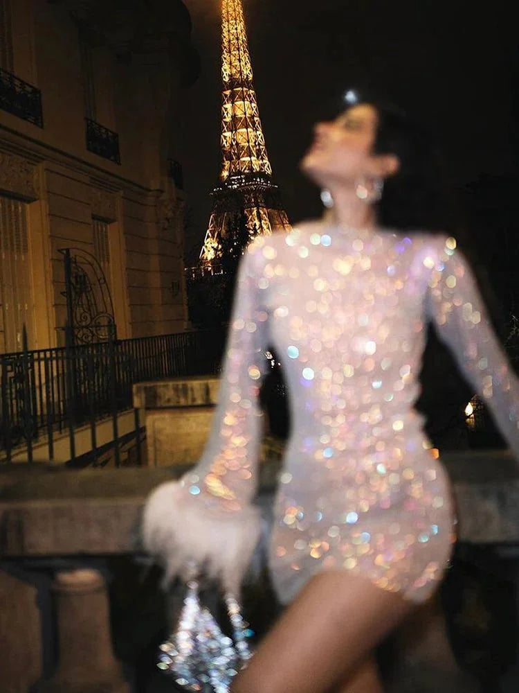 White Women's Sequin Mini Party Dress — Maelle Feather Trim Bodycon - Eiffel Tower