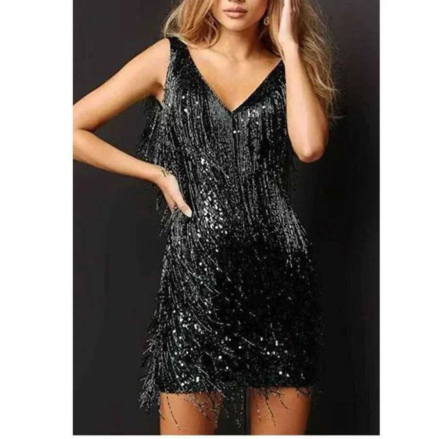 5Xl Women's Sequin Fringe Cocktail Dress — Ruby V-Neck Tassel Party - Front Detail