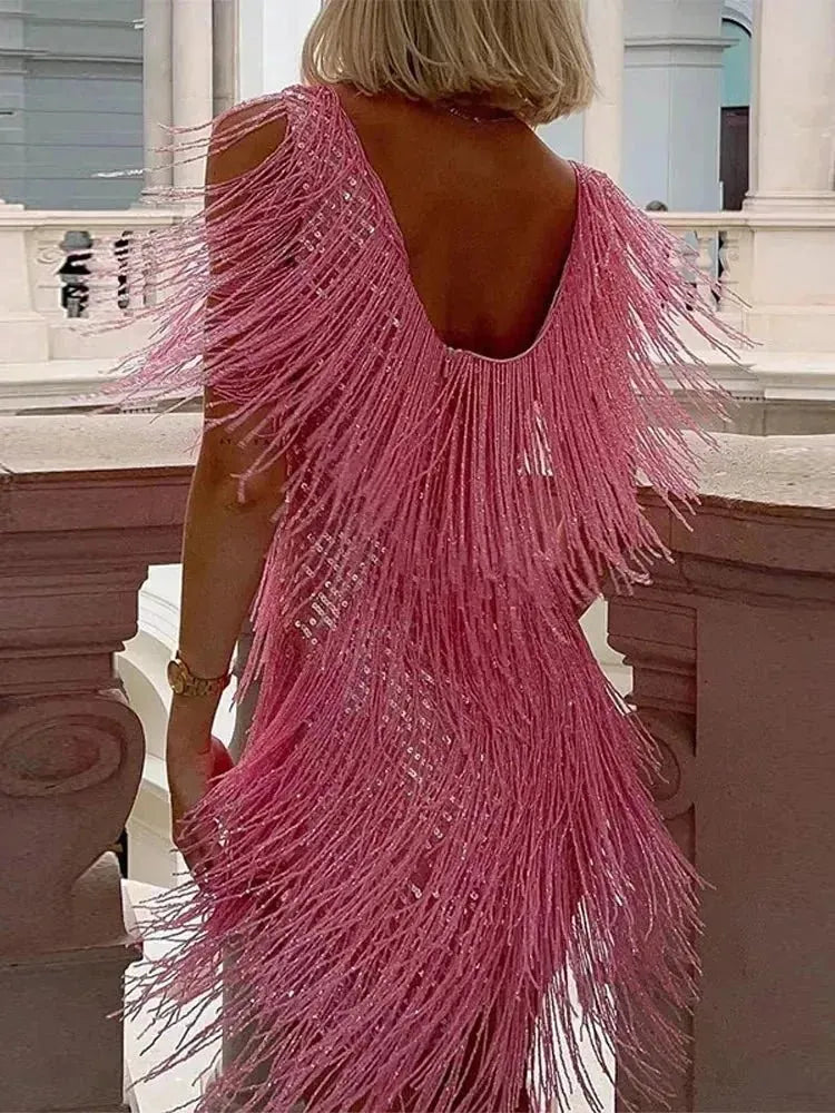 Pink Women's Sequin Fringe V-Neck Mini Evening Dress — Elle Tiered Cocktail Sparkle - Back Detail
