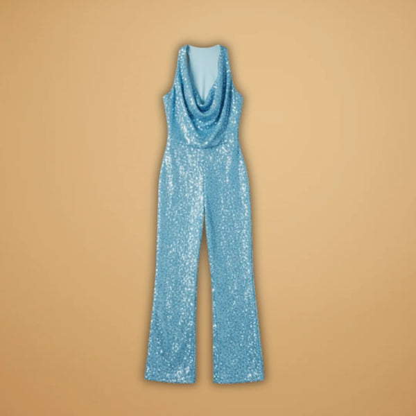 Light Blue Women's Sequin Halter Jumpsuit — Lilith Cowl Neck Wide-Leg Open Back - Flat Lay