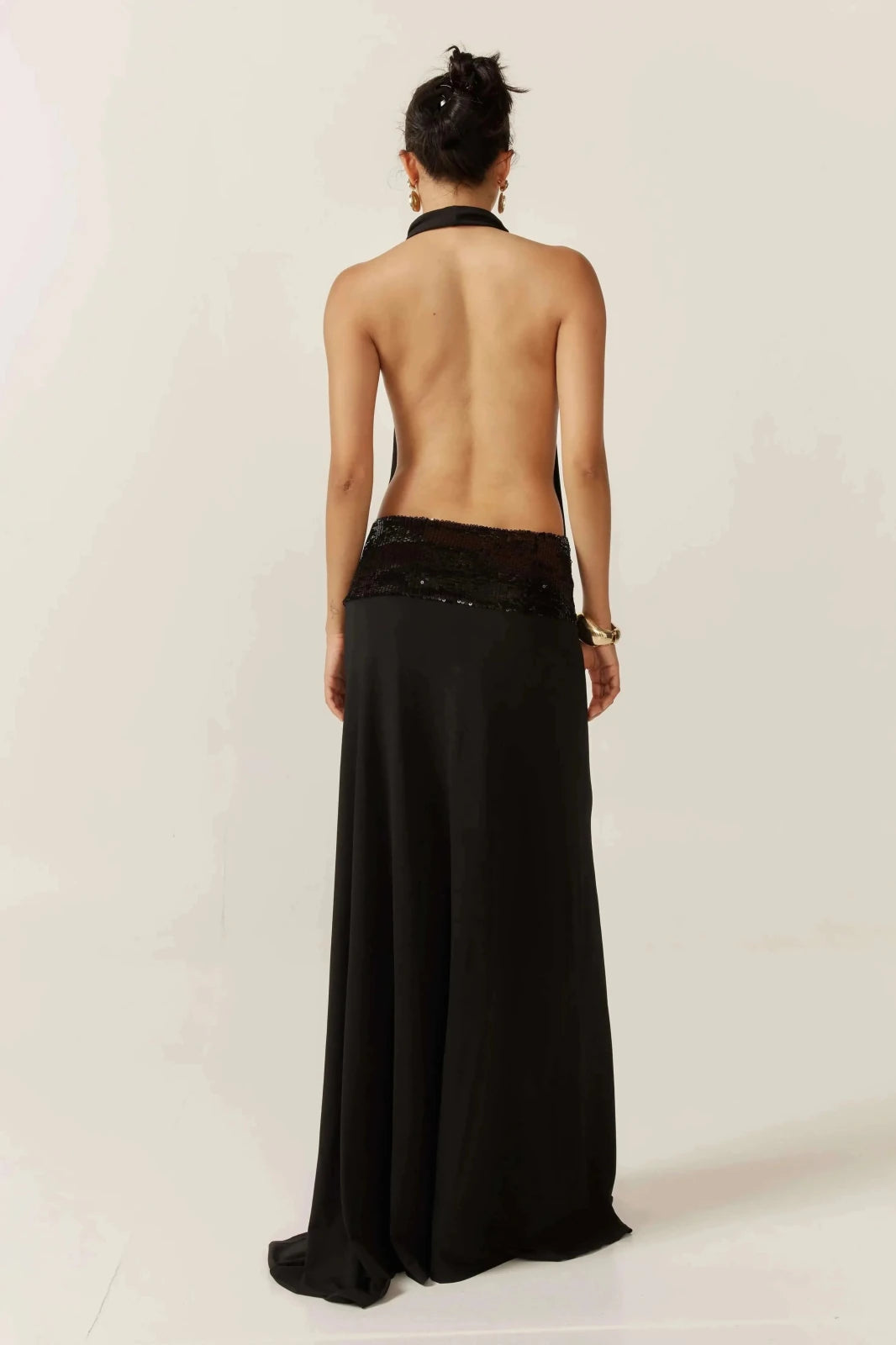 Rhea | Elegant Sequin Waist Halter Neck Dress - Black - 4