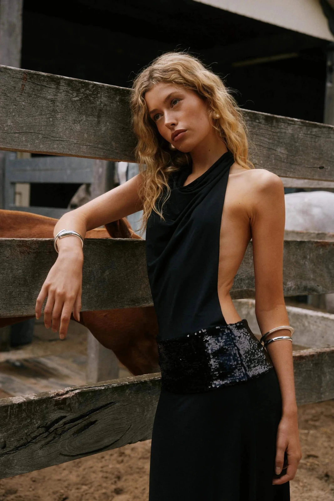Rhea | Elegant Sequin Waist Halter Neck Dress - Black - 6