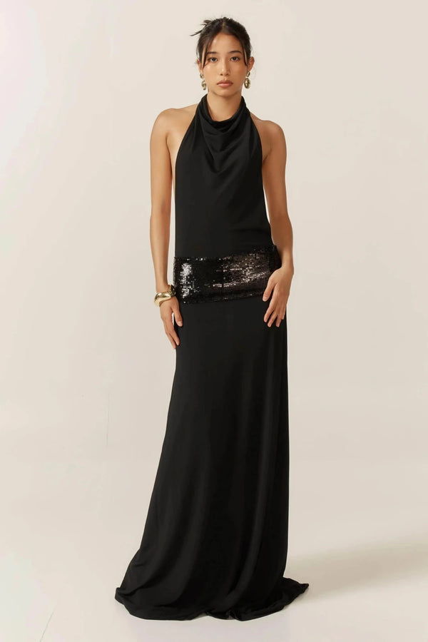 Rhea | Elegant Sequin Waist Halter Neck Dress - Black - 1