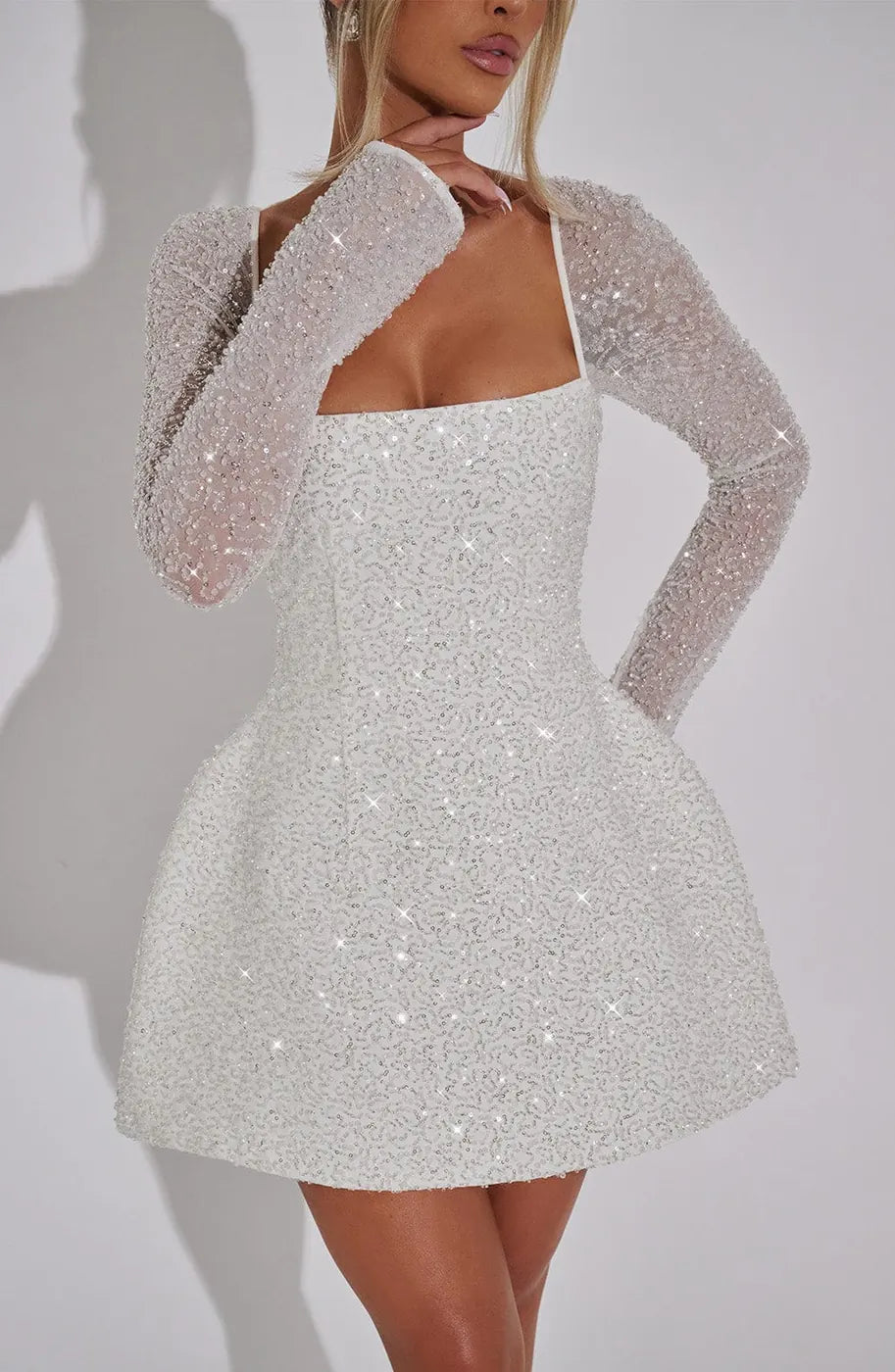 White Women's Sequined Square Neck Mini Dress — Matilda Lace-Up Long Sleeve - Close Up Detail