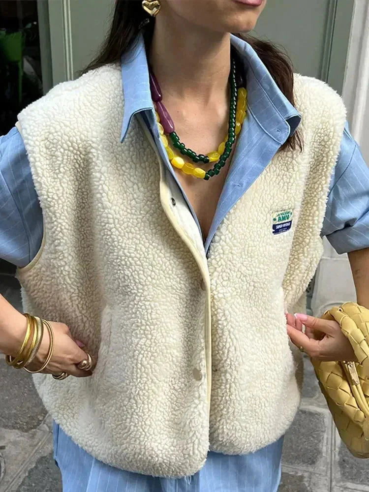 Cream Women's Wool Vest — Rosalia Button-Front Sherpa Fleece - Front Styled