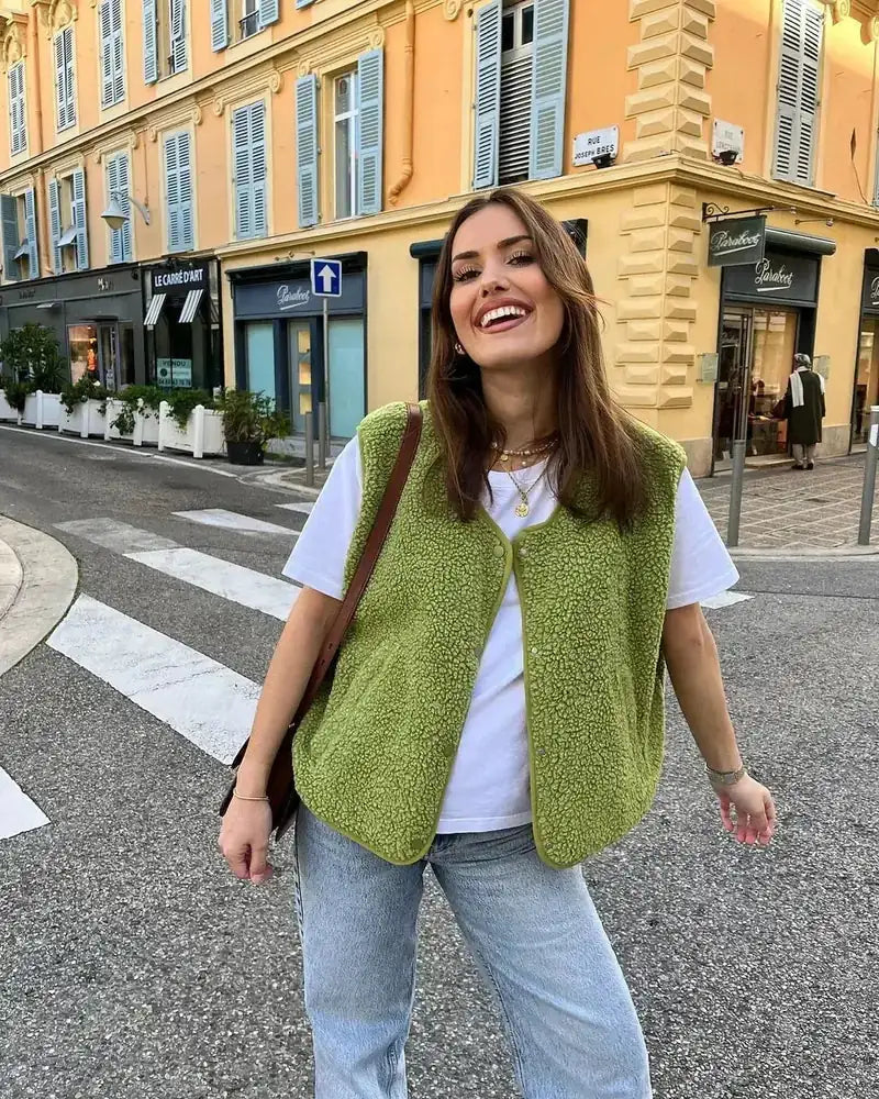 Green Women's Wool Vest — Rosalia Button-Front Sherpa Fleece - Front Pose