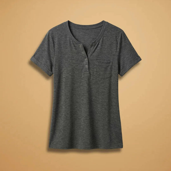 Vivienne | Short Sleeve Henley T-Shirt with Pocket Detail - Dark Gray - 1