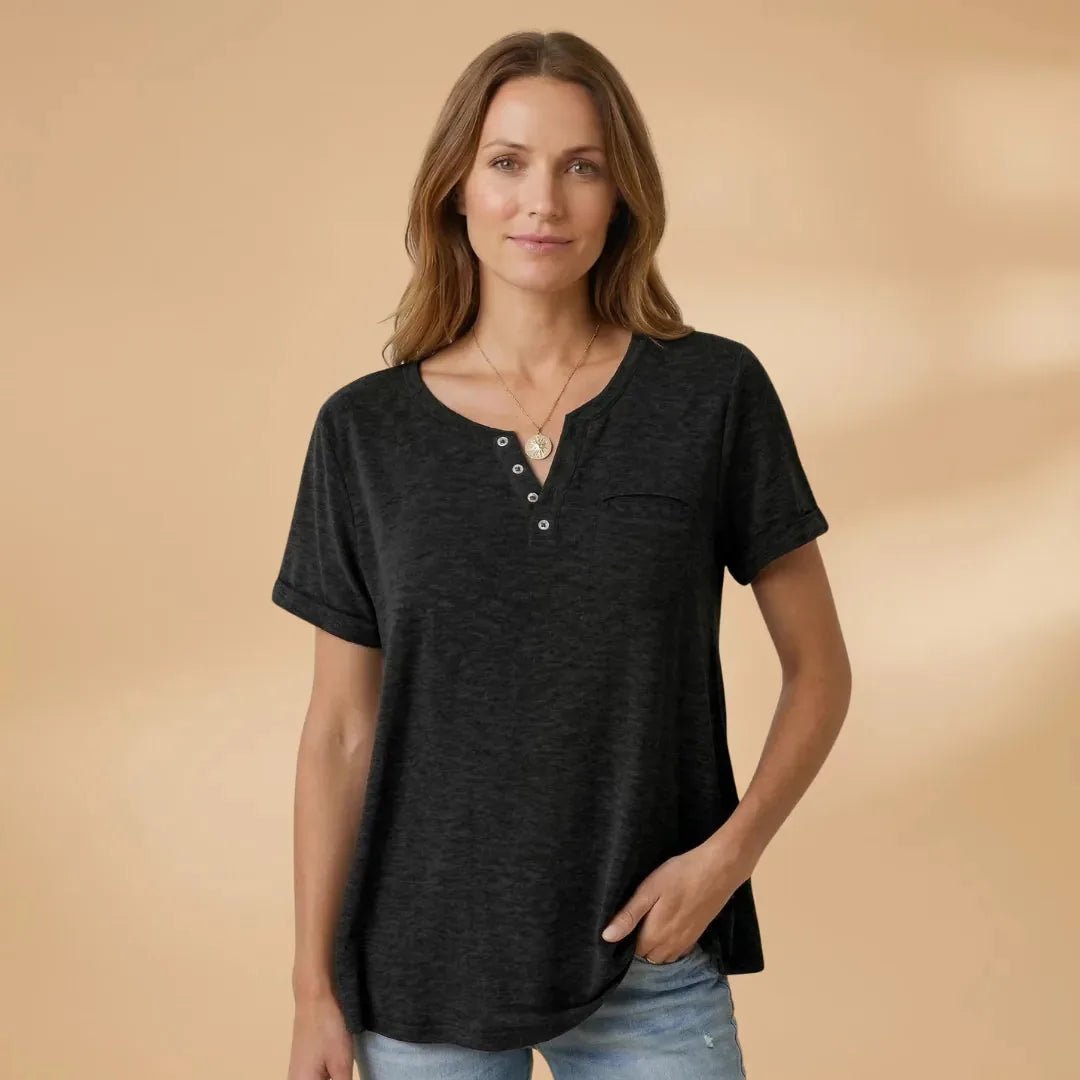 Vivienne | Short Sleeve Henley T-Shirt with Pocket Detail - Dark Green - 11