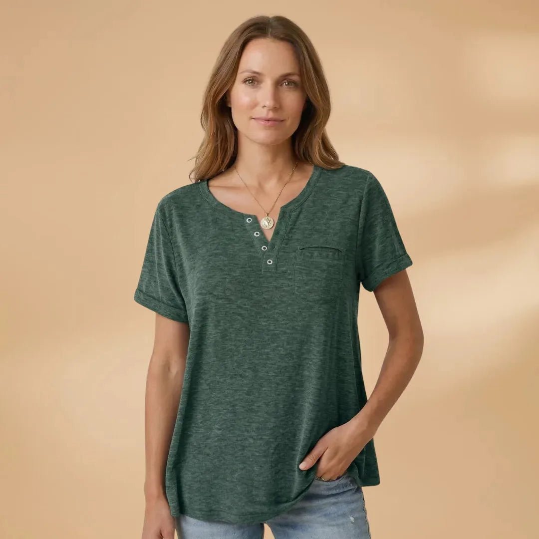 Vivienne | Short Sleeve Henley T-Shirt with Pocket Detail - Green - 9
