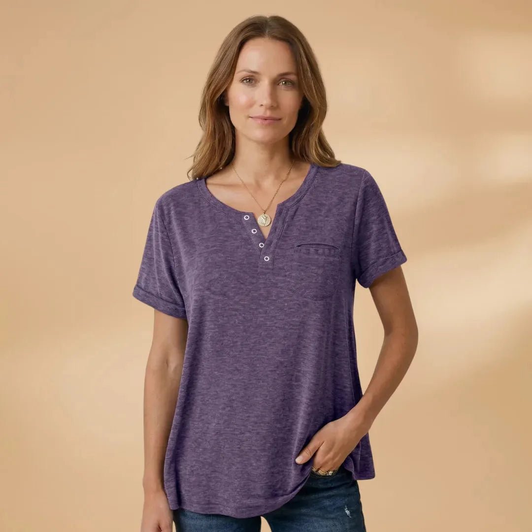 Vivienne | Short Sleeve Henley T-Shirt with Pocket Detail - Dark Green - 12