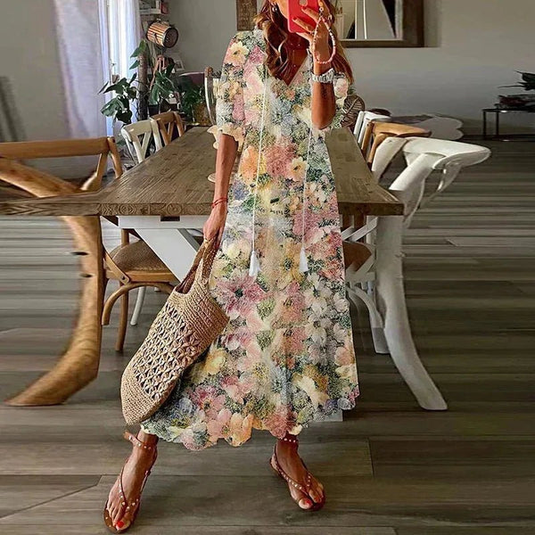 Serena | Chic Floral Print Short Sleeve Maxi Dress - Floral - 1
