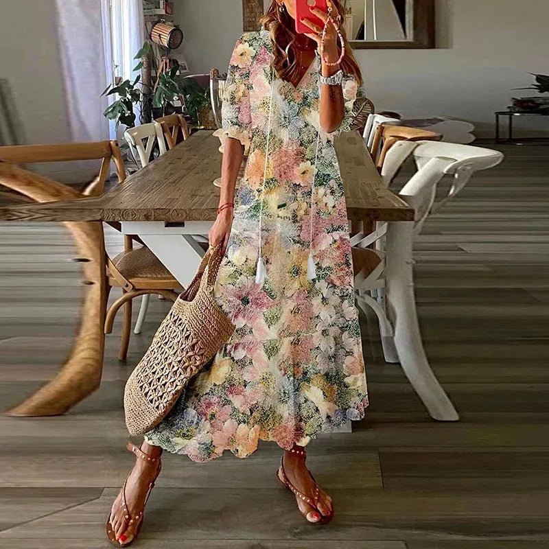 Serena | Chic Floral Print Short Sleeve Maxi Dress - Yellow - 9