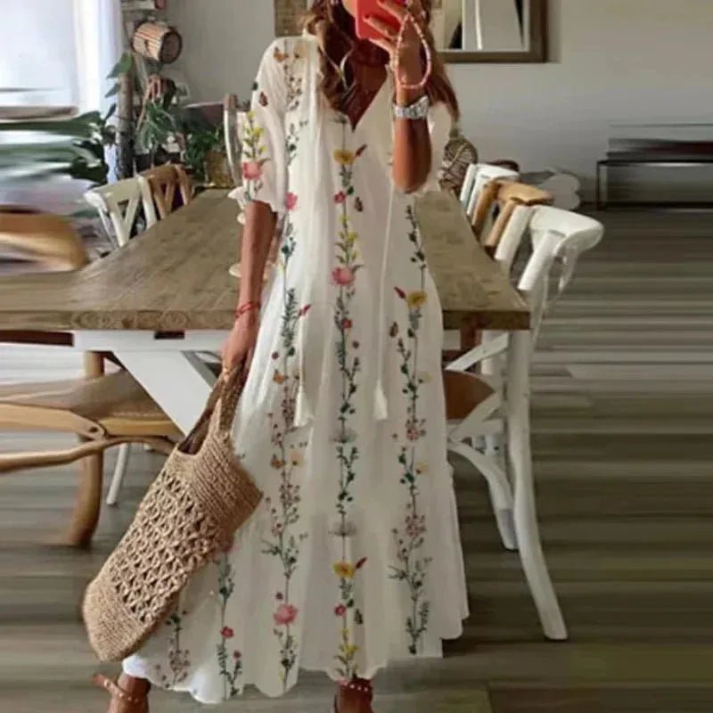 Serena | Chic Floral Print Short Sleeve Maxi Dress - Yellow - 8