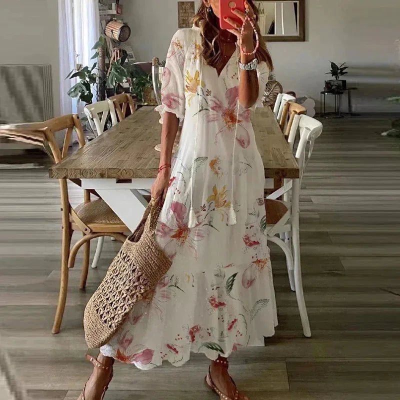 Serena | Chic Floral Print Short Sleeve Maxi Dress - White - 4