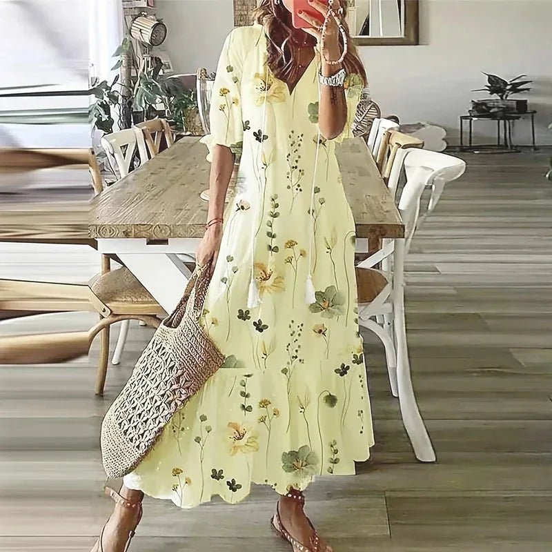 Serena | Chic Floral Print Short Sleeve Maxi Dress - Yellow - 7