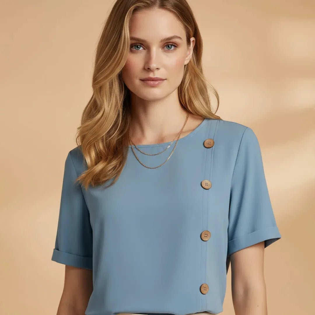 Coralie | Stylish Short Sleeve Blouse with Side Buttons - Blue - 4