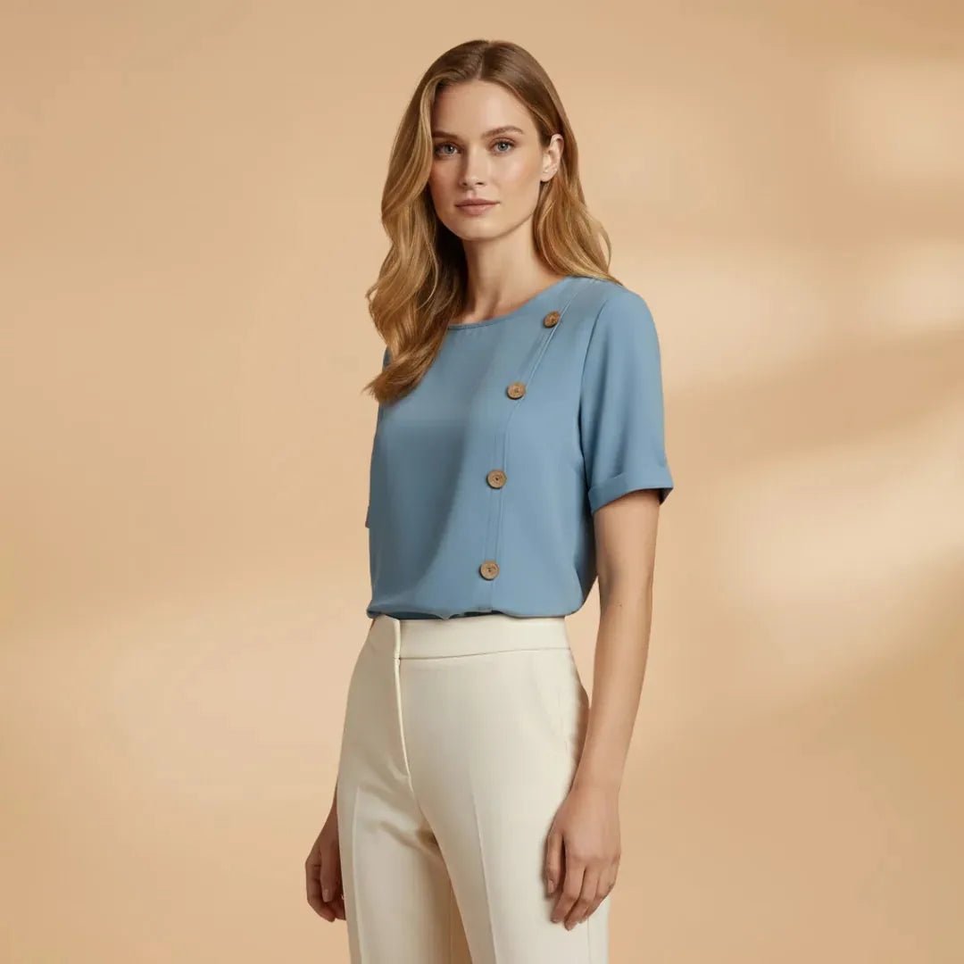 Coralie | Stylish Short Sleeve Blouse with Side Buttons - Blue - 5