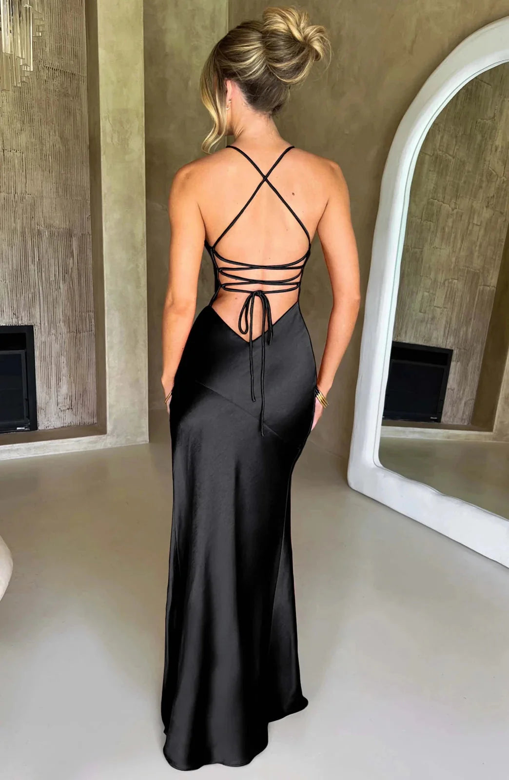 Black Women's Silk V-Neck High Slit Dress — Eilidh Lace-Up Backless - Back Strappy