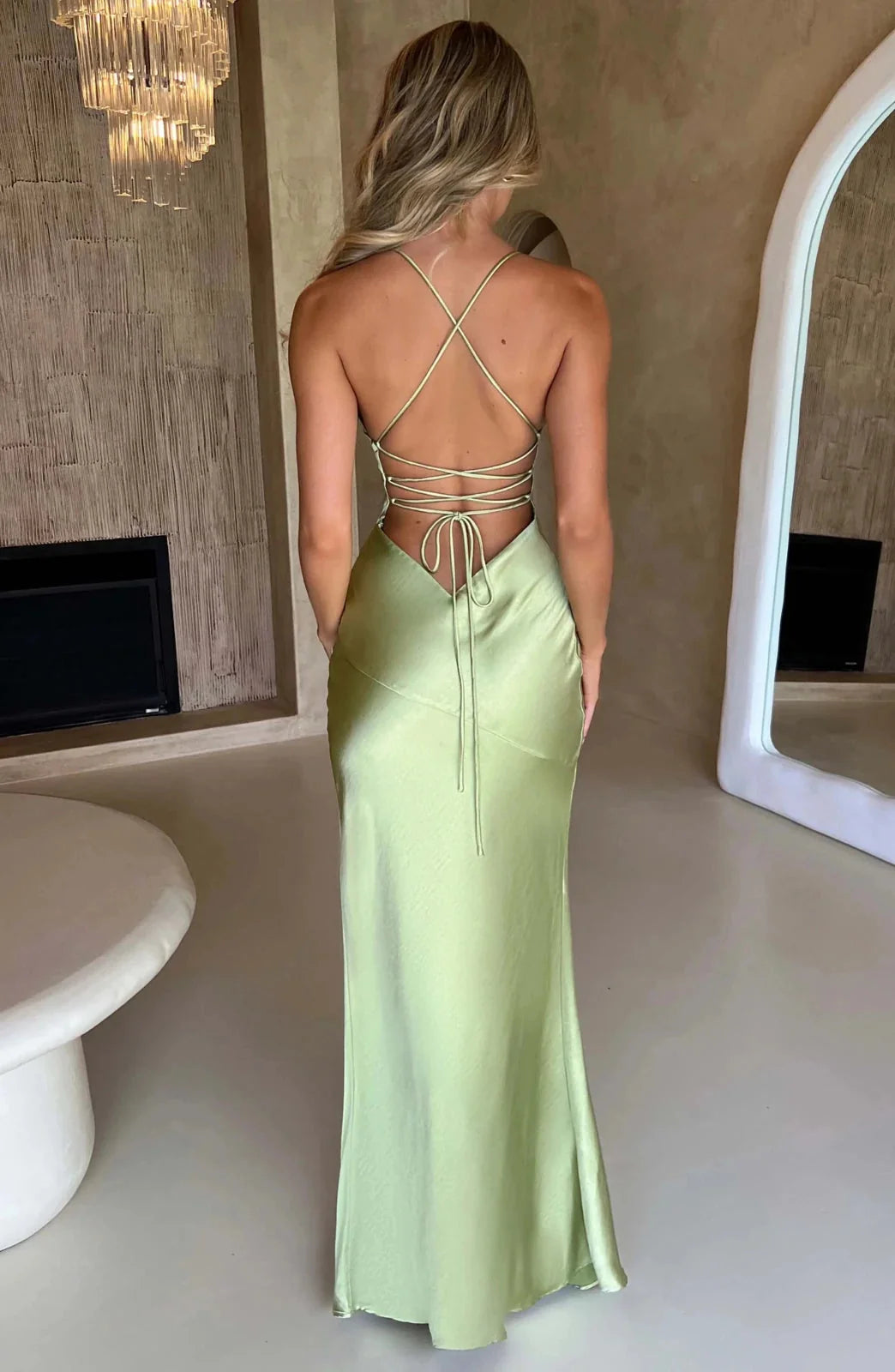 Light Green Women's Silk V-Neck High Slit Dress — Eilidh Lace-Up Backless - Back Lace Up