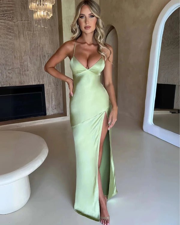 Light Green Women's Silk V-Neck High Slit Dress — Eilidh Lace-Up Backless - Front Full