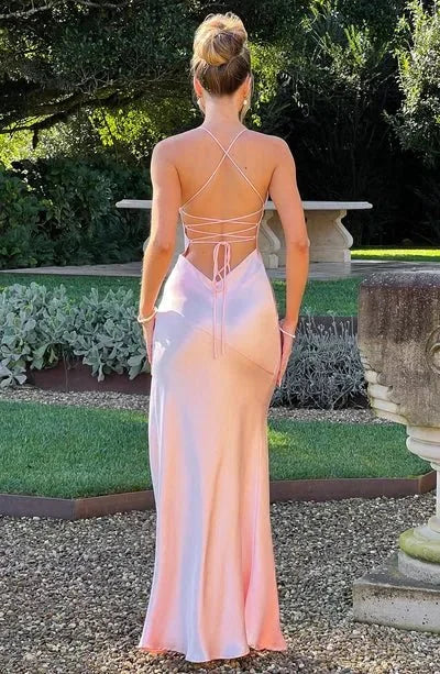 Light Pink Women's Silk V-Neck High Slit Dress — Eilidh Lace-Up Backless - Back Detail