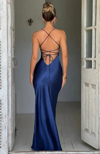 Navy Blue Women's Silk V-Neck High Slit Dress — Eilidh Lace-Up Backless - Back Lace Detail