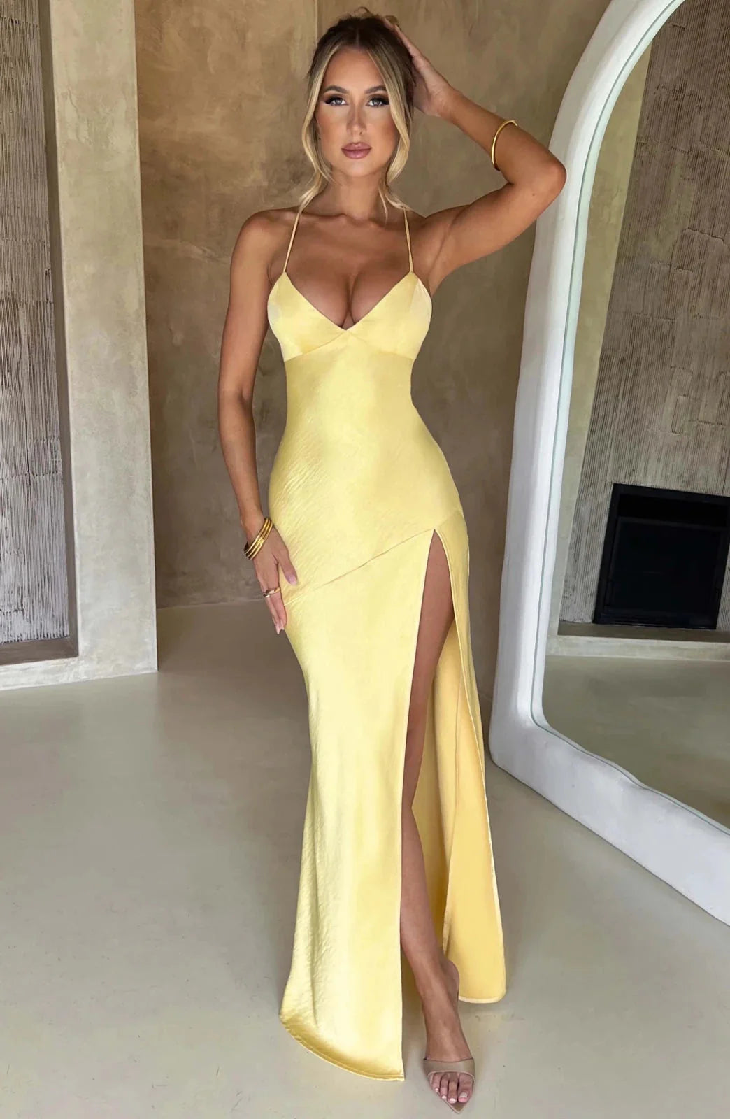 Yellow Women's Silk V-Neck High Slit Dress — Eilidh Lace-Up Backless - Front Full