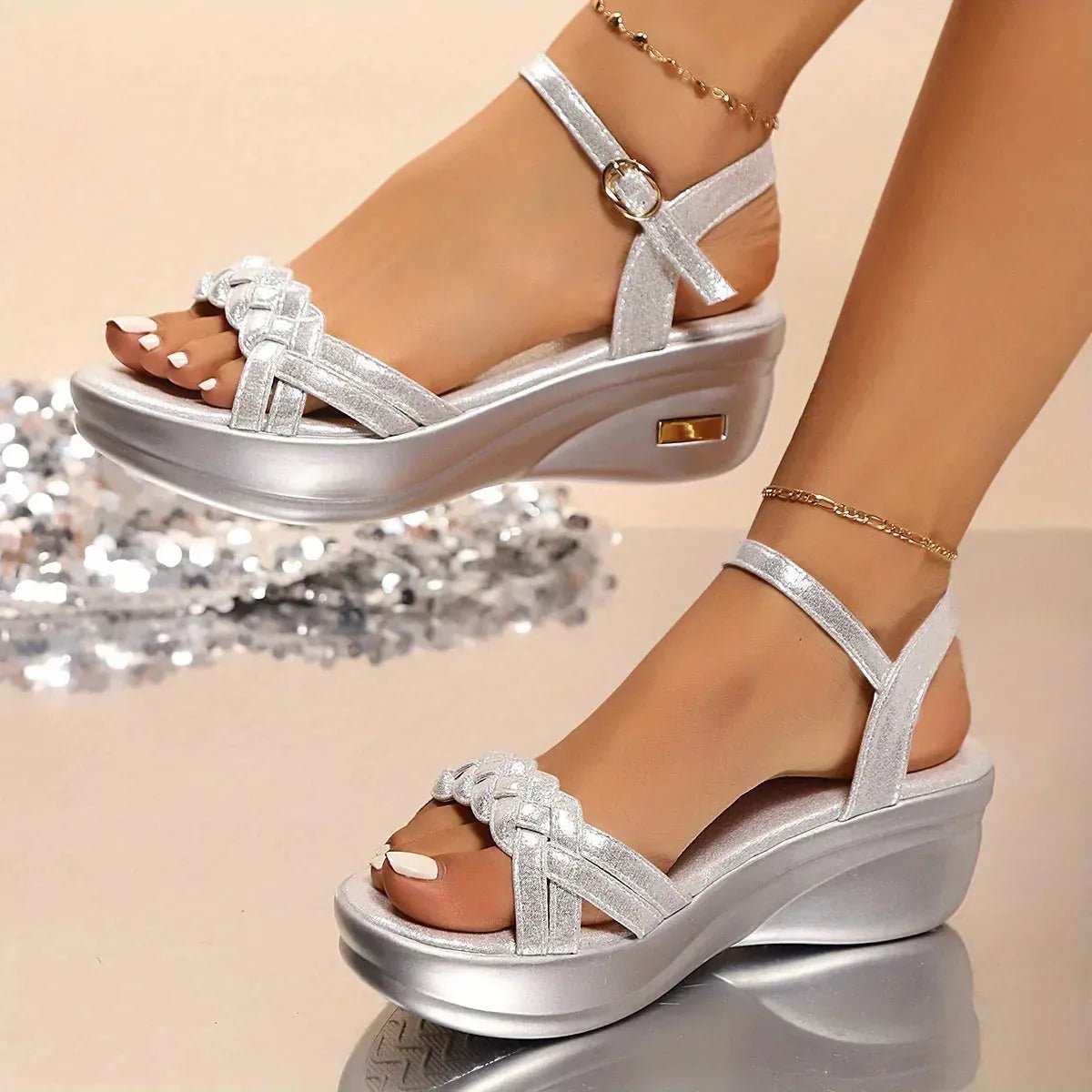 Chloe | Elegant Silver Sandals with Braided Straps & Platform - Silver - 2