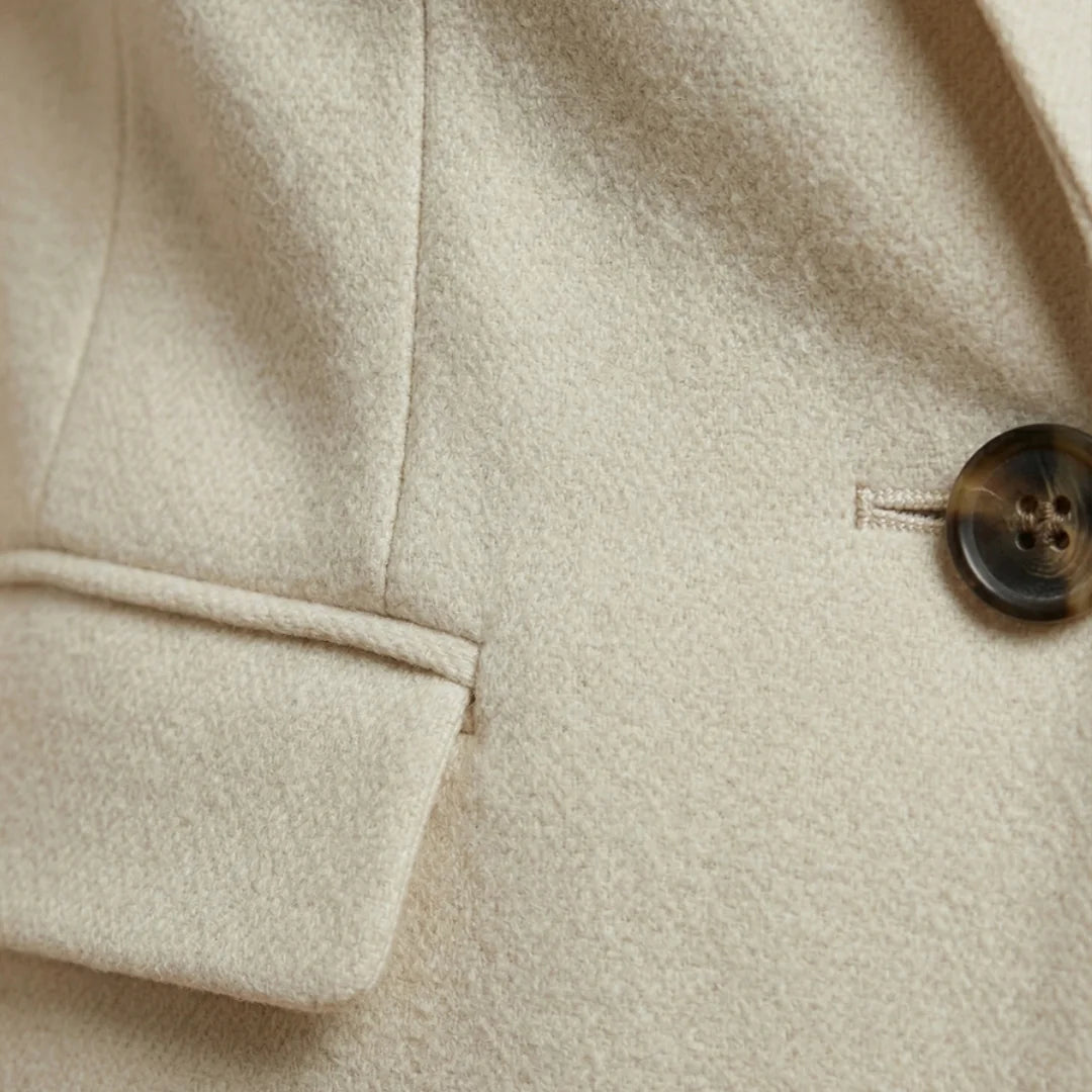 Beige Women's Single-Button Blazer — Harper Professional Tailored Flap Pocket - Close Up Detail