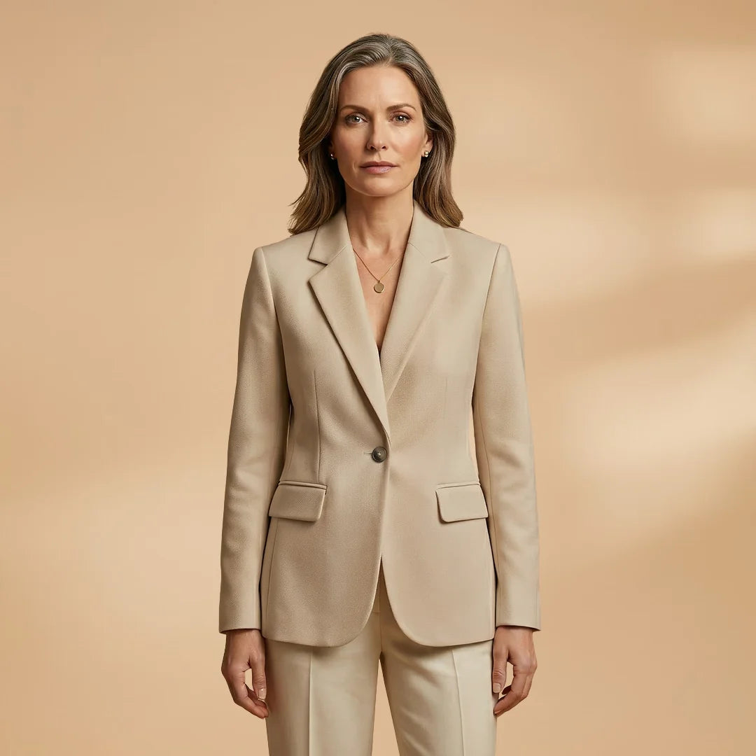 Beige Women's Single-Button Blazer — Harper Professional Tailored Flap Pocket - Studio Pose