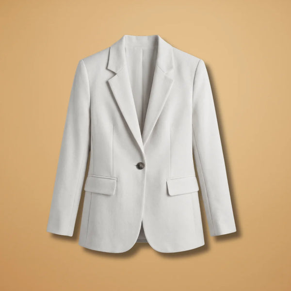 White Women's Single-Button Blazer — Harper Professional Tailored Flap Pocket - Flat Lay
