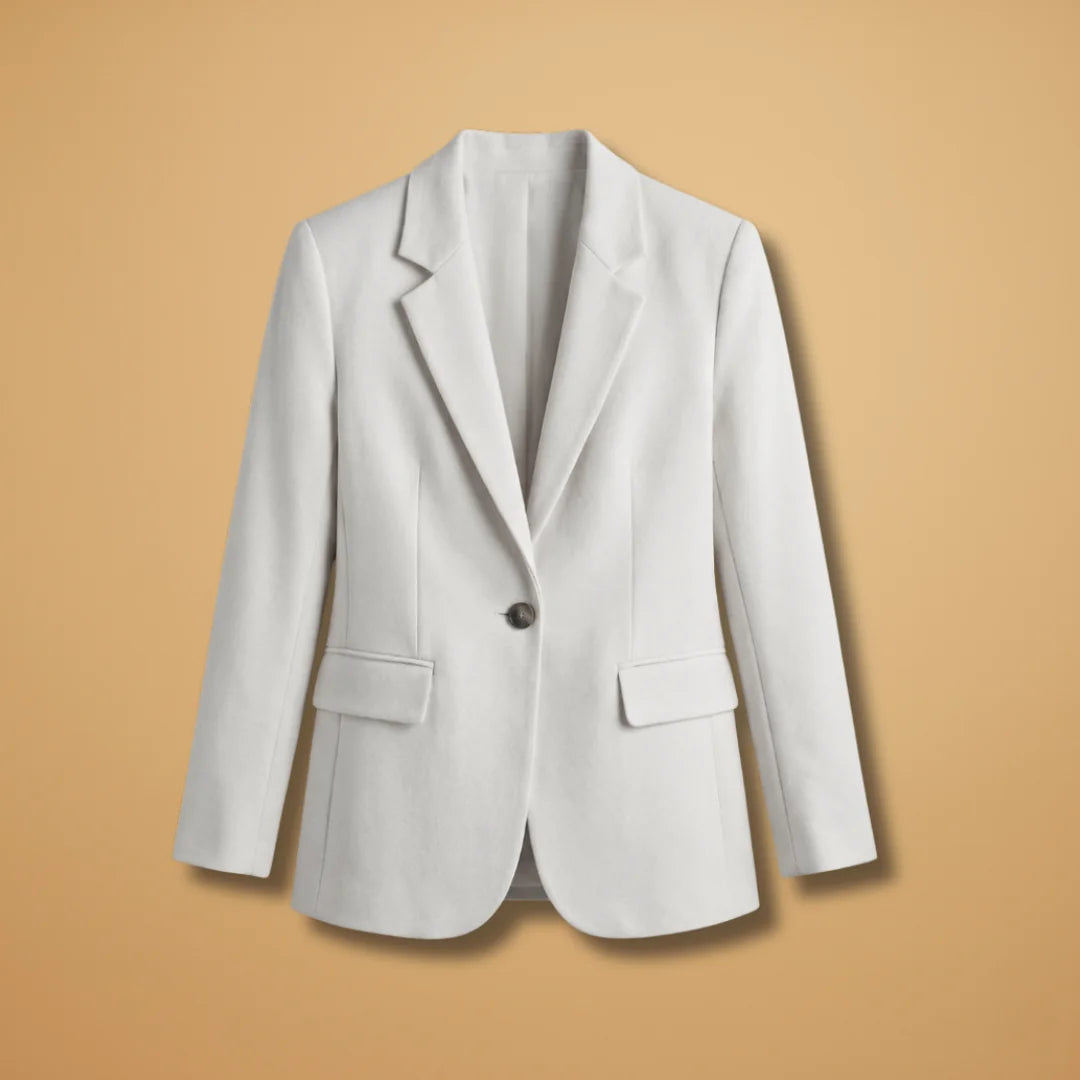 White Women's Single-Button Blazer — Harper Professional Tailored Flap Pocket - Flat Lay