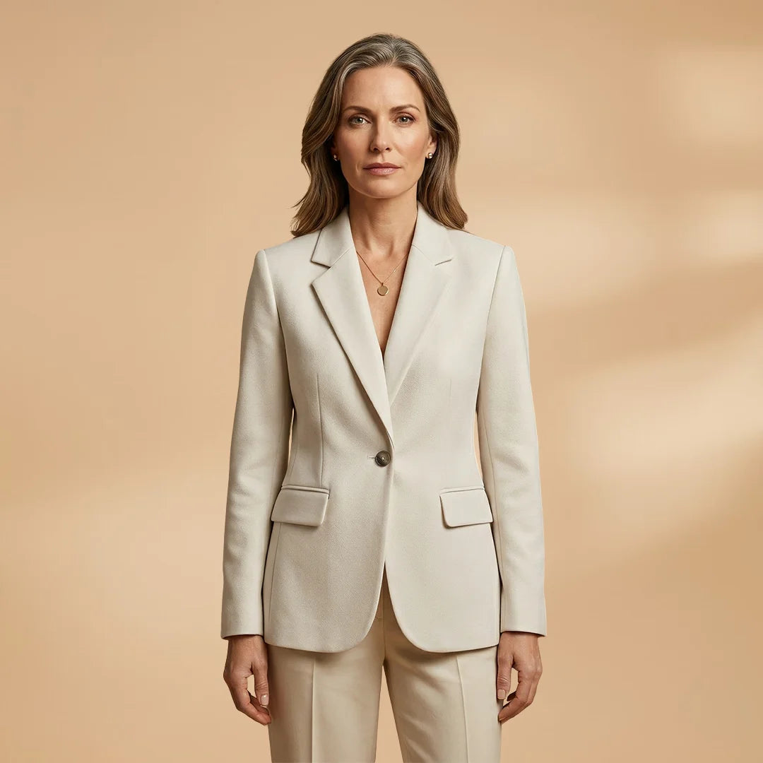 White Women's Single-Button Blazer — Harper Professional Tailored Flap Pocket - Front Full