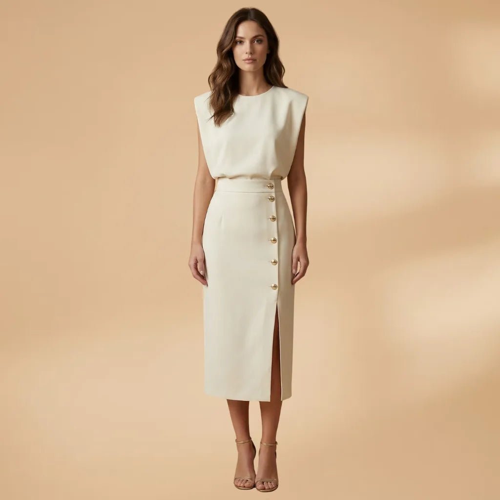 Emma | Sleeveless Button Front Midi Dress - Cream - 6