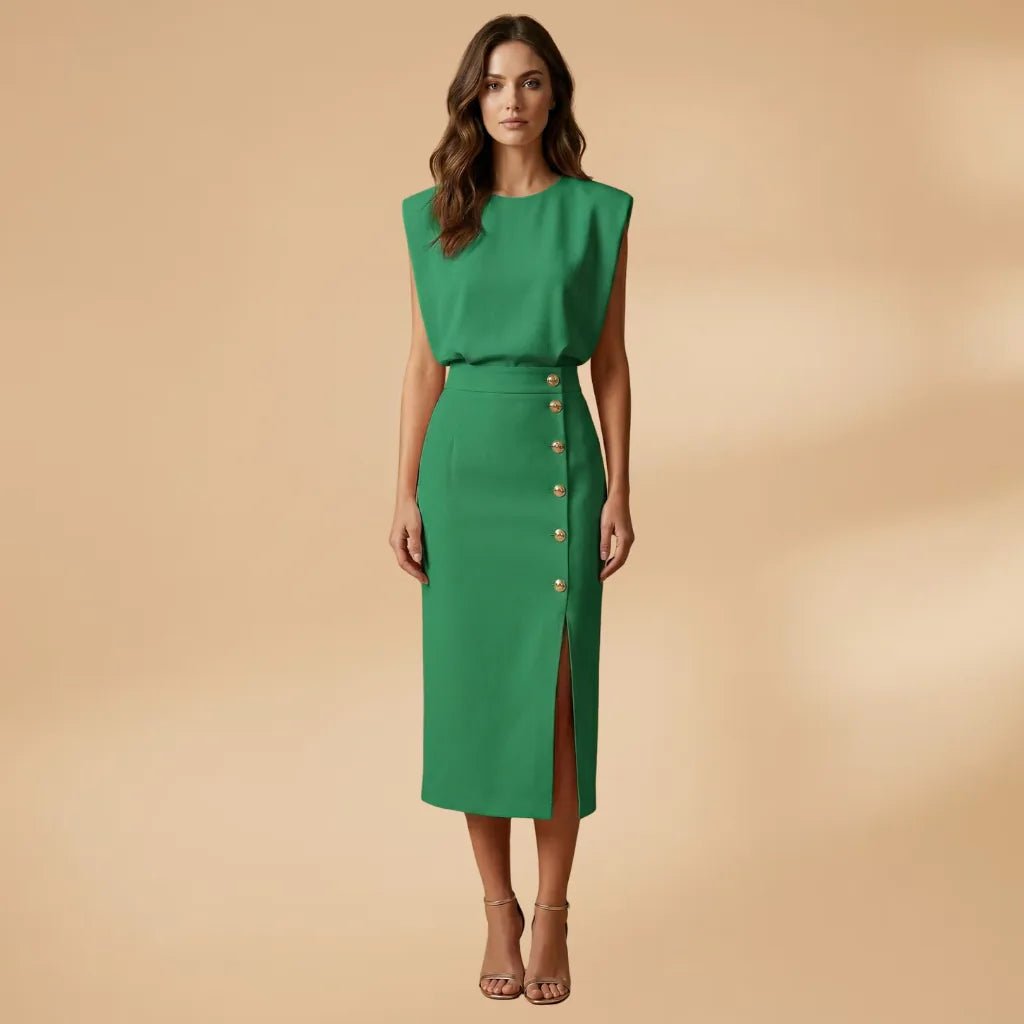 Emma | Sleeveless Button Front Midi Dress - Green - 9