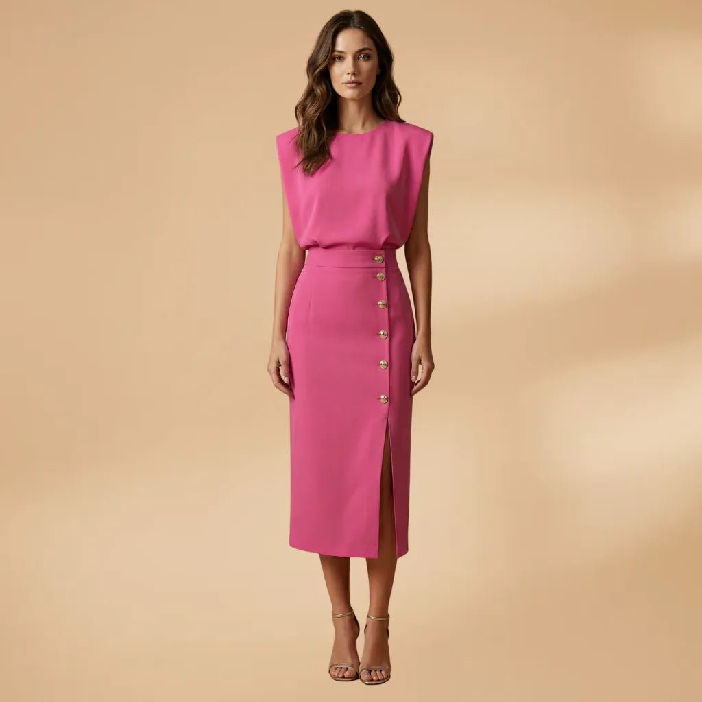 Emma | Sleeveless Button Front Midi Dress - Hot Pink - 10