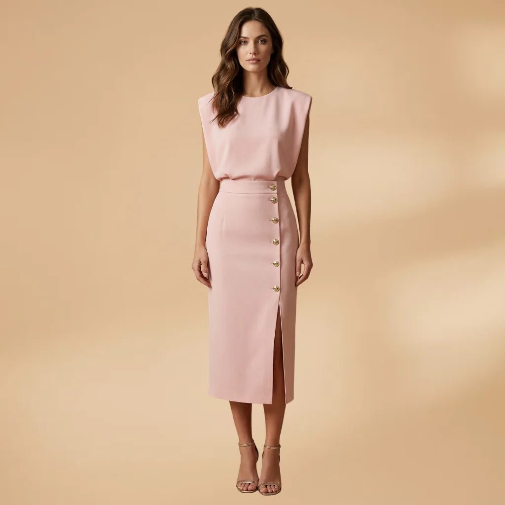 Emma | Sleeveless Button Front Midi Dress - Light Pink - 2