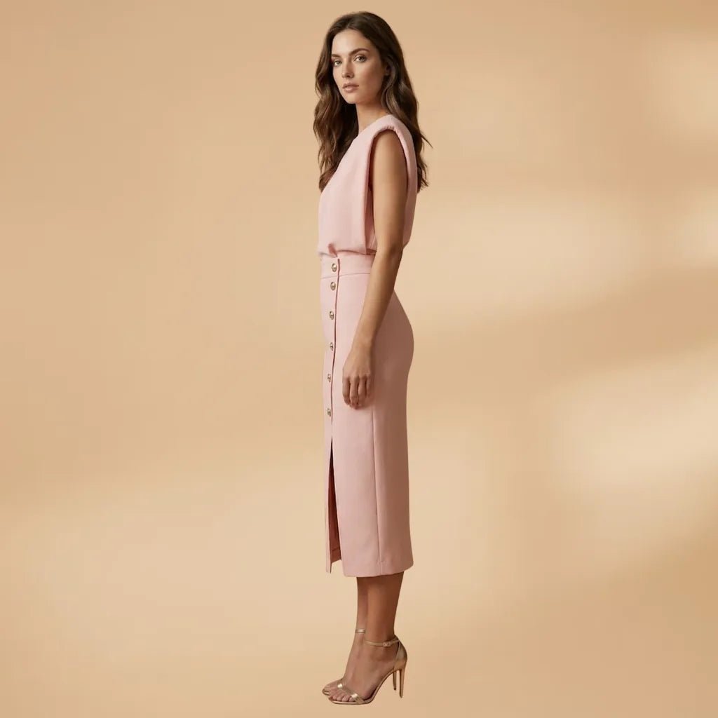 Emma | Sleeveless Button Front Midi Dress - Light Pink - 3