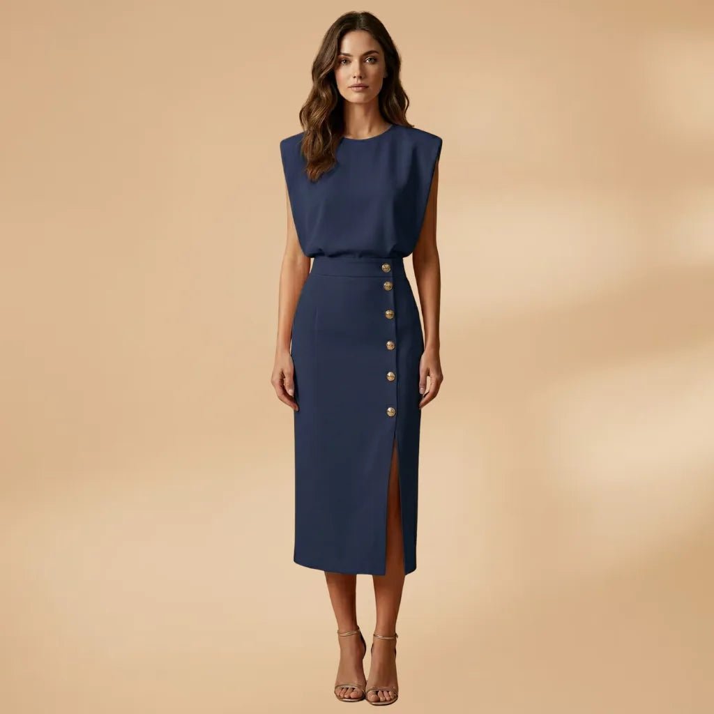 Emma | Sleeveless Button Front Midi Dress - Navy Blue - 11