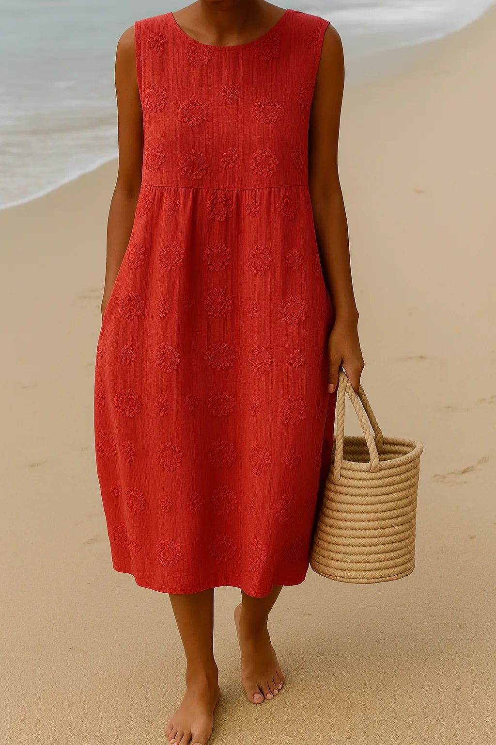 Juliet | Elegant Sleeveless Floral Embroidered Beach Dress - Red - 4