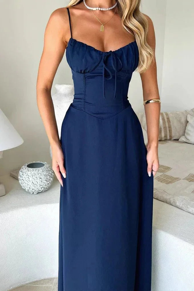 Navy Blue Women's Sleeveless Maxi Dress With Lace-Up Detail — Layla Sweetheart Neckline Elegant - Close Up Bodice