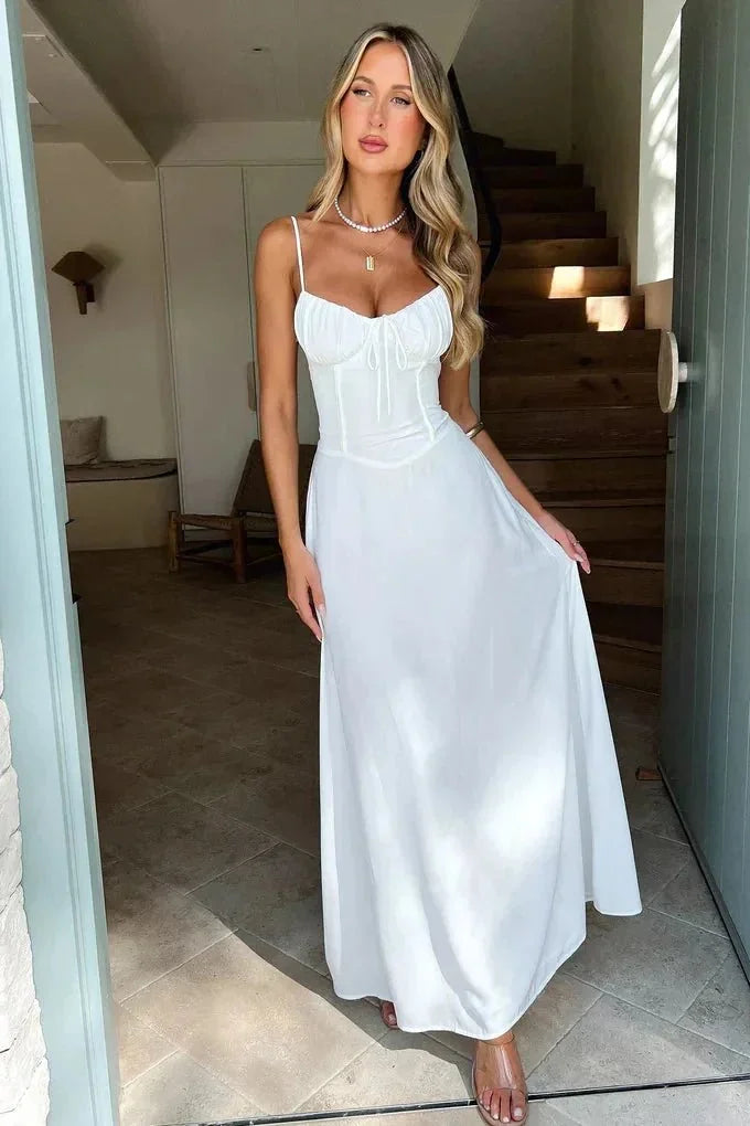 White Women's Sleeveless Maxi Dress With Lace-Up Detail — Layla Sweetheart Neckline Elegant - Front Full Indoor